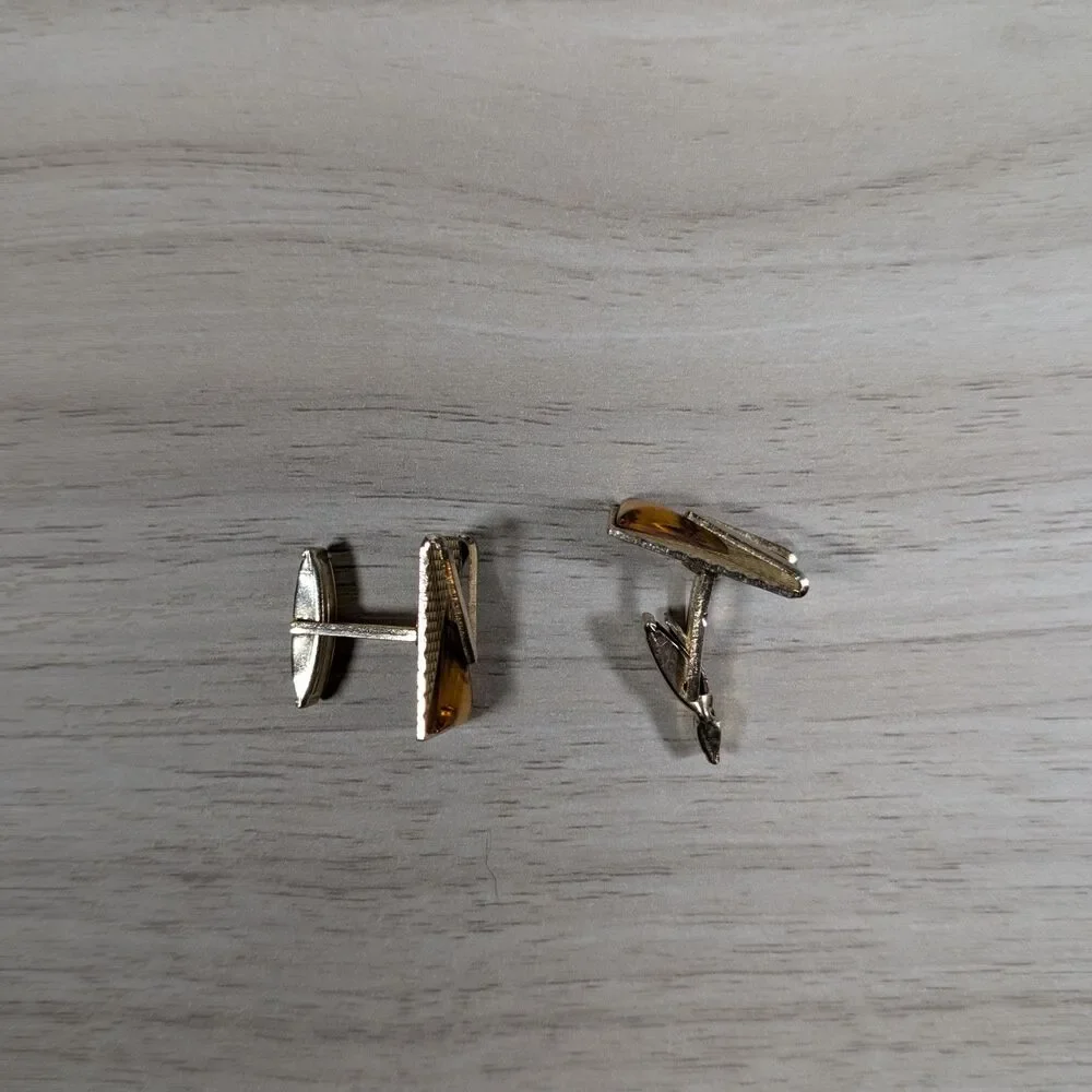 Vintage Gold Tone Amber Geometric Cufflinks Mens Formal Jewelry